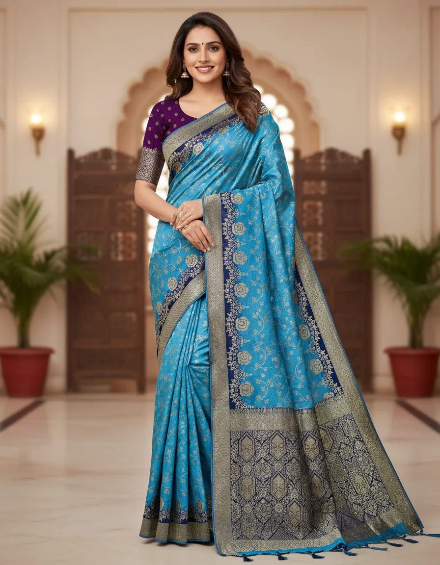 Turquoise Saree with Stud and Zari Work