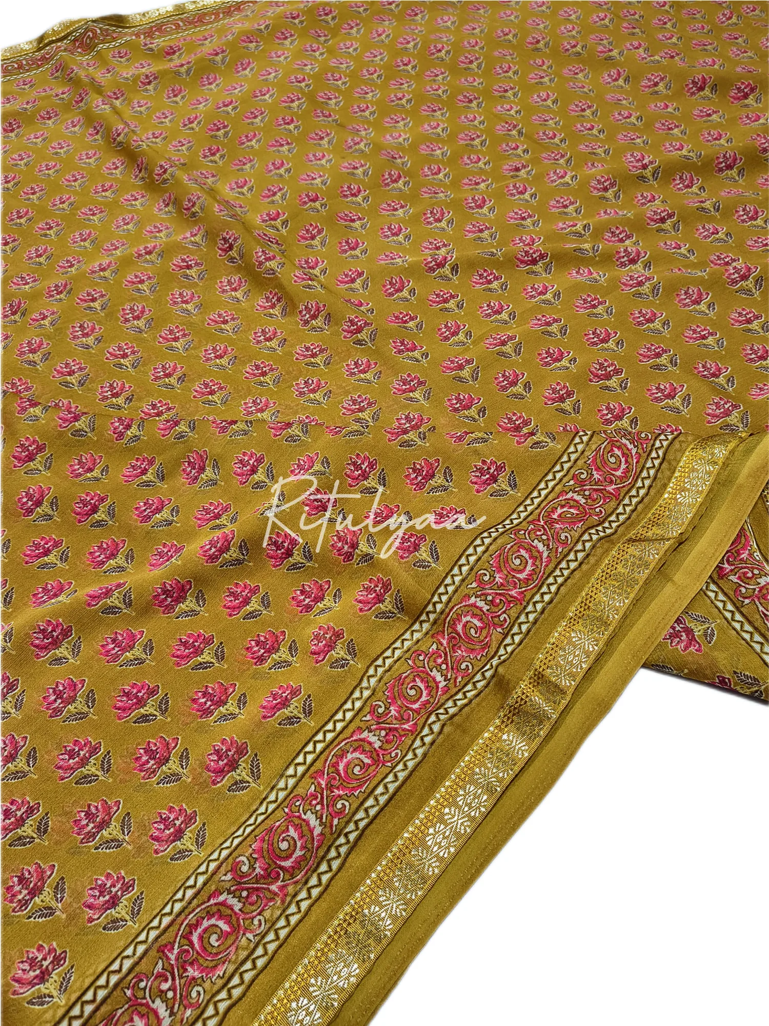 Printed Chiffon Saree With Lace Border view 2