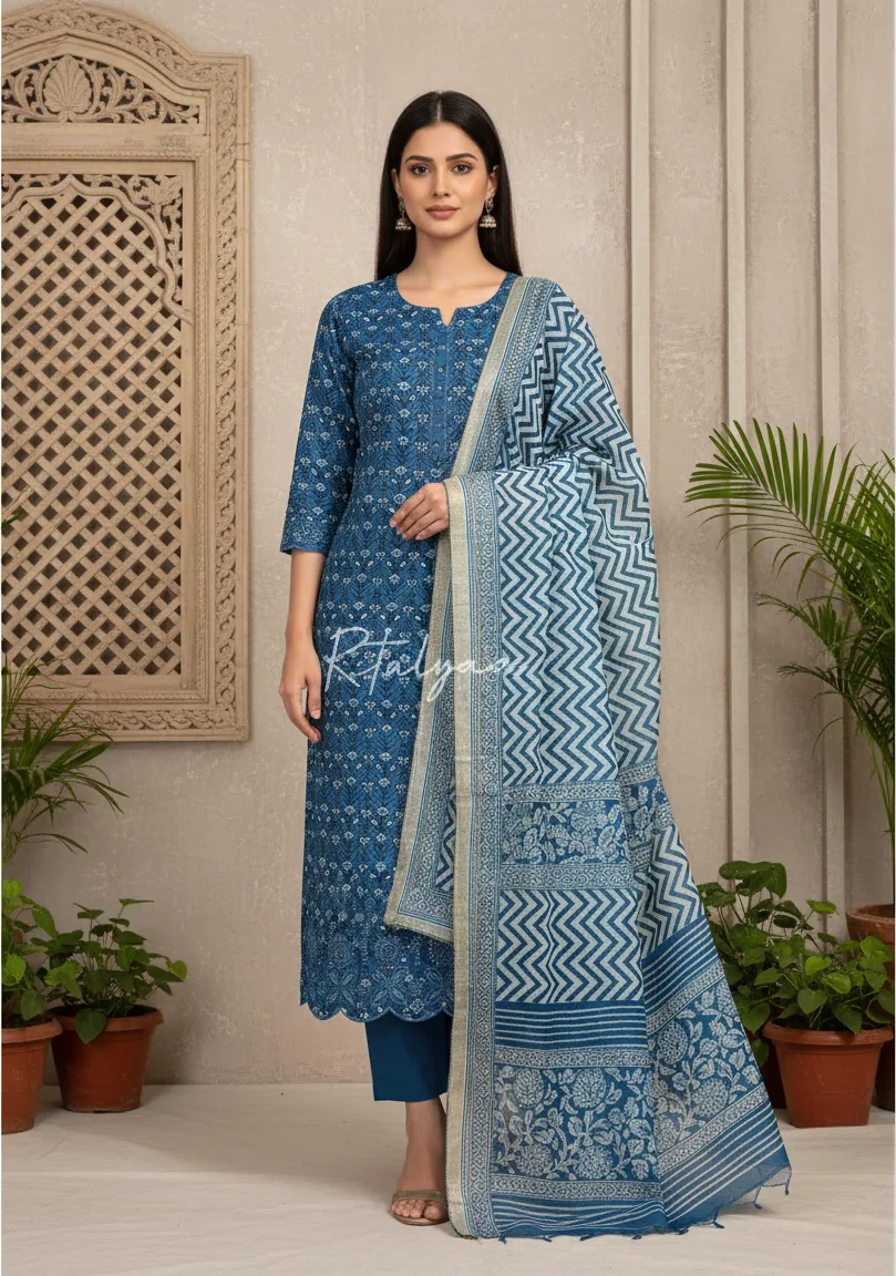 Blue Printed Pure Cotton Unstitched Suit