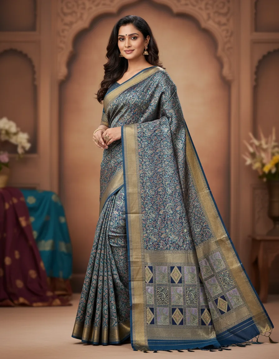 Navy Digital Print Saree