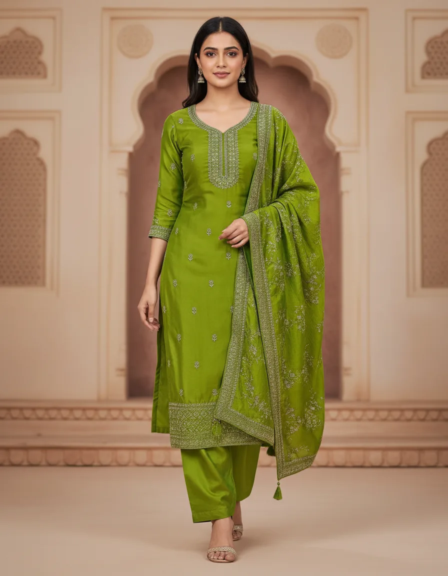 Green Allover Embroidery Suit