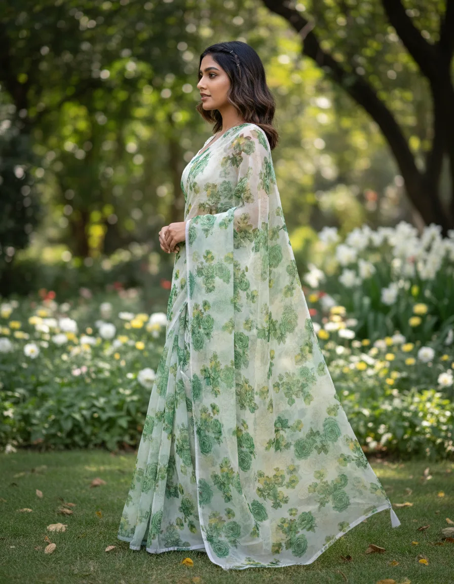 Green Floral Print Georgette Saree