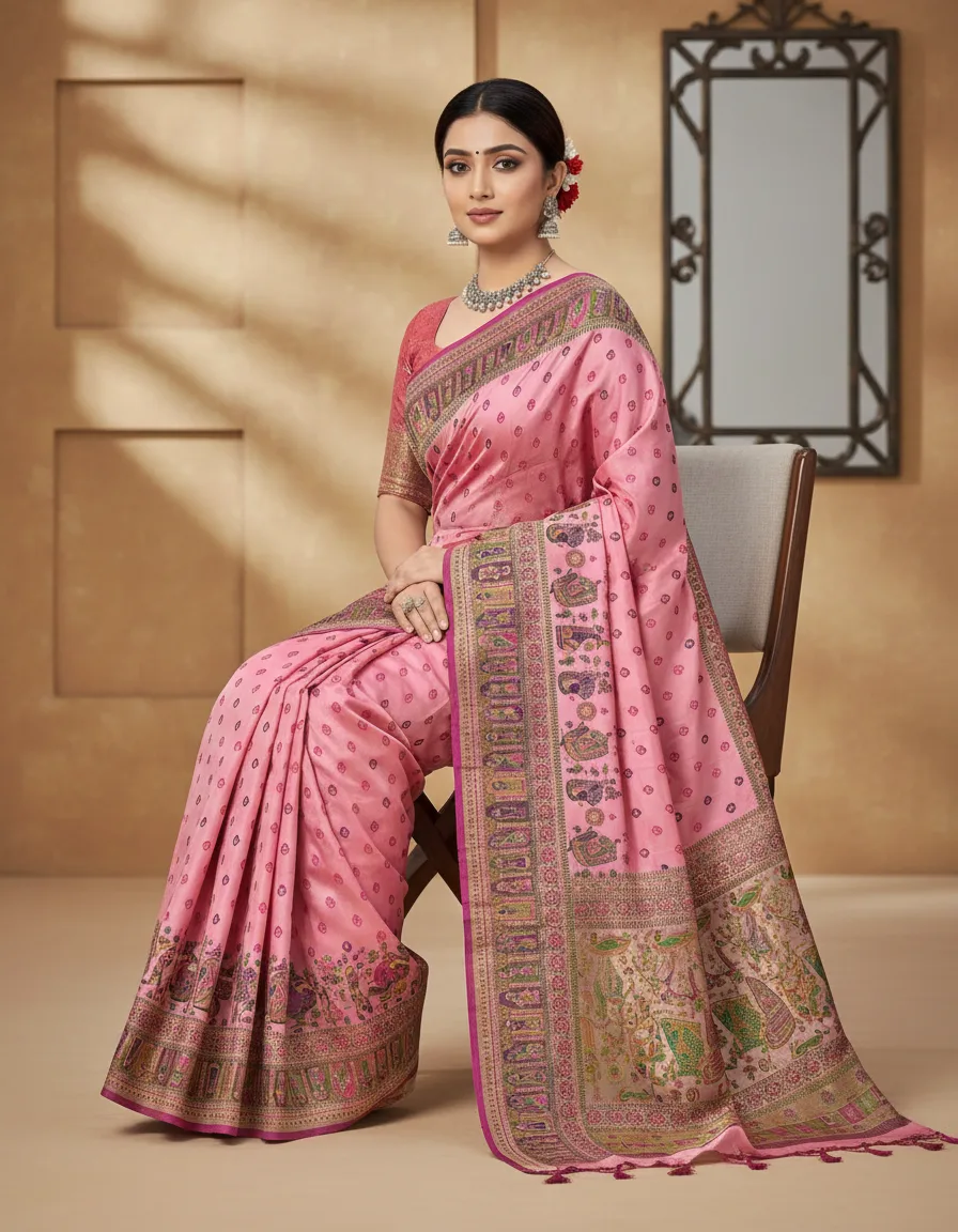 Pink Resham Meenakari Work Saree