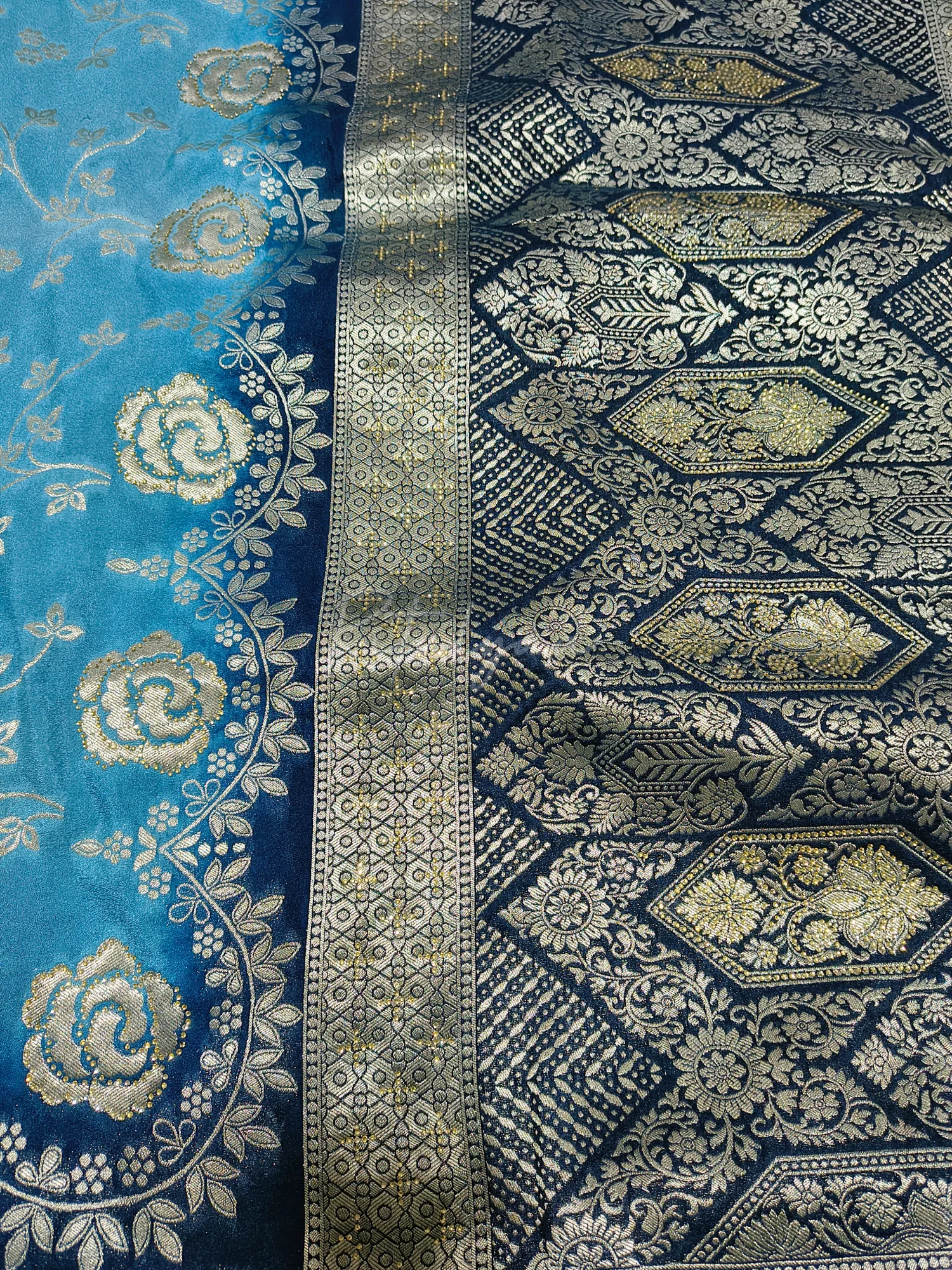 Turquoise Saree with Stud and Zari Work view 3