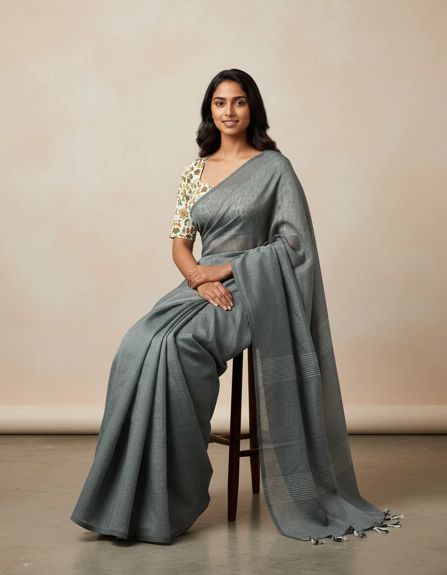 Plain Khaddi Cotton Saree With Worli Print Blouse