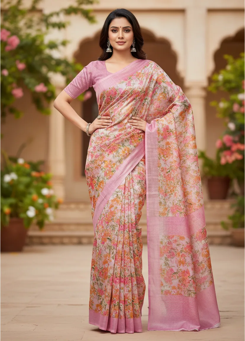 Floral Print Silk Blend Saree
