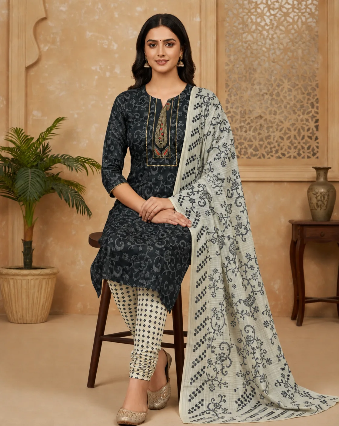 Black Printed Suit With Embroidery