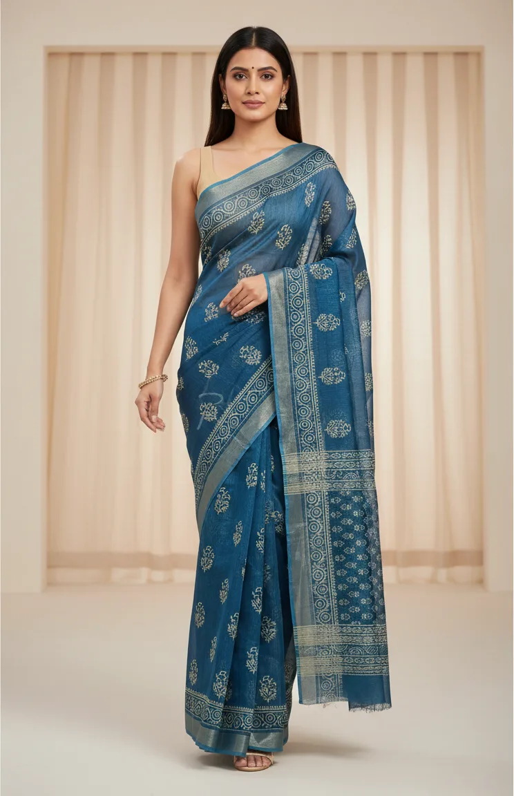 Printed Indigo Cotton Saree