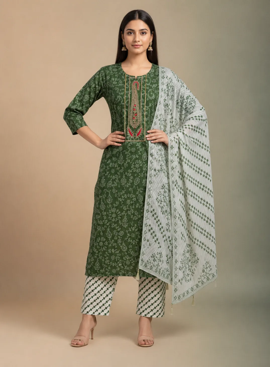 Printed Suit With Neck Embroidery