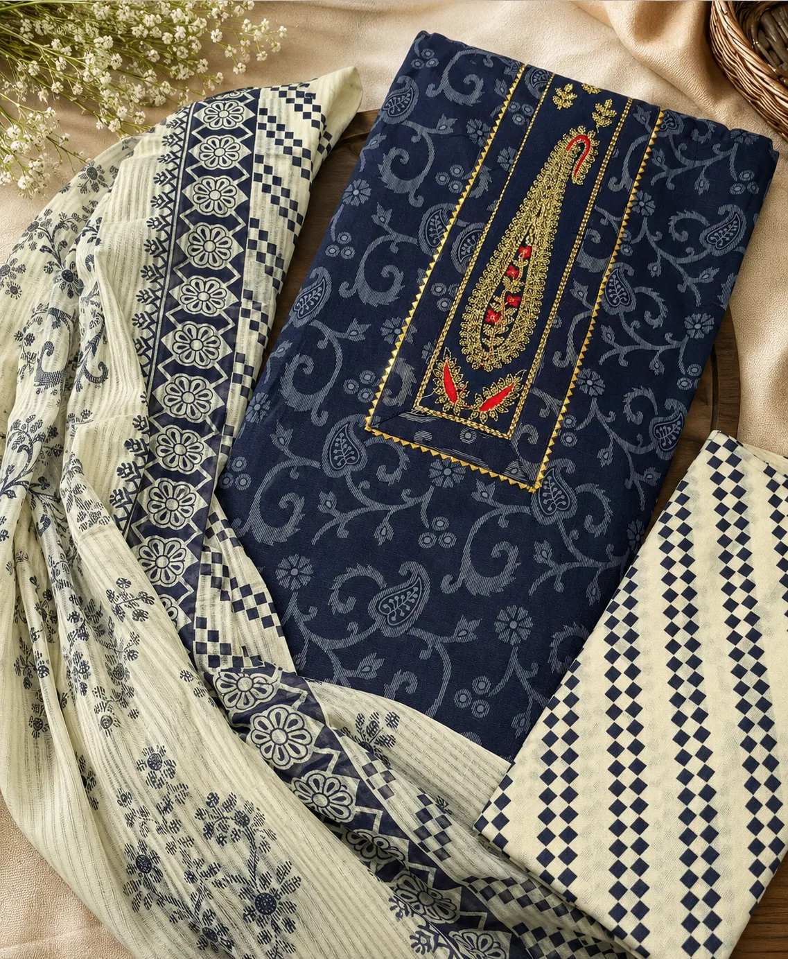Navy Print Cotton Suit