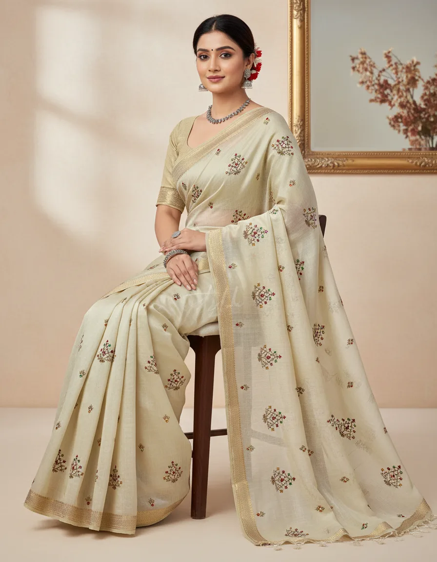 Embroidered Semi Tussar Saree