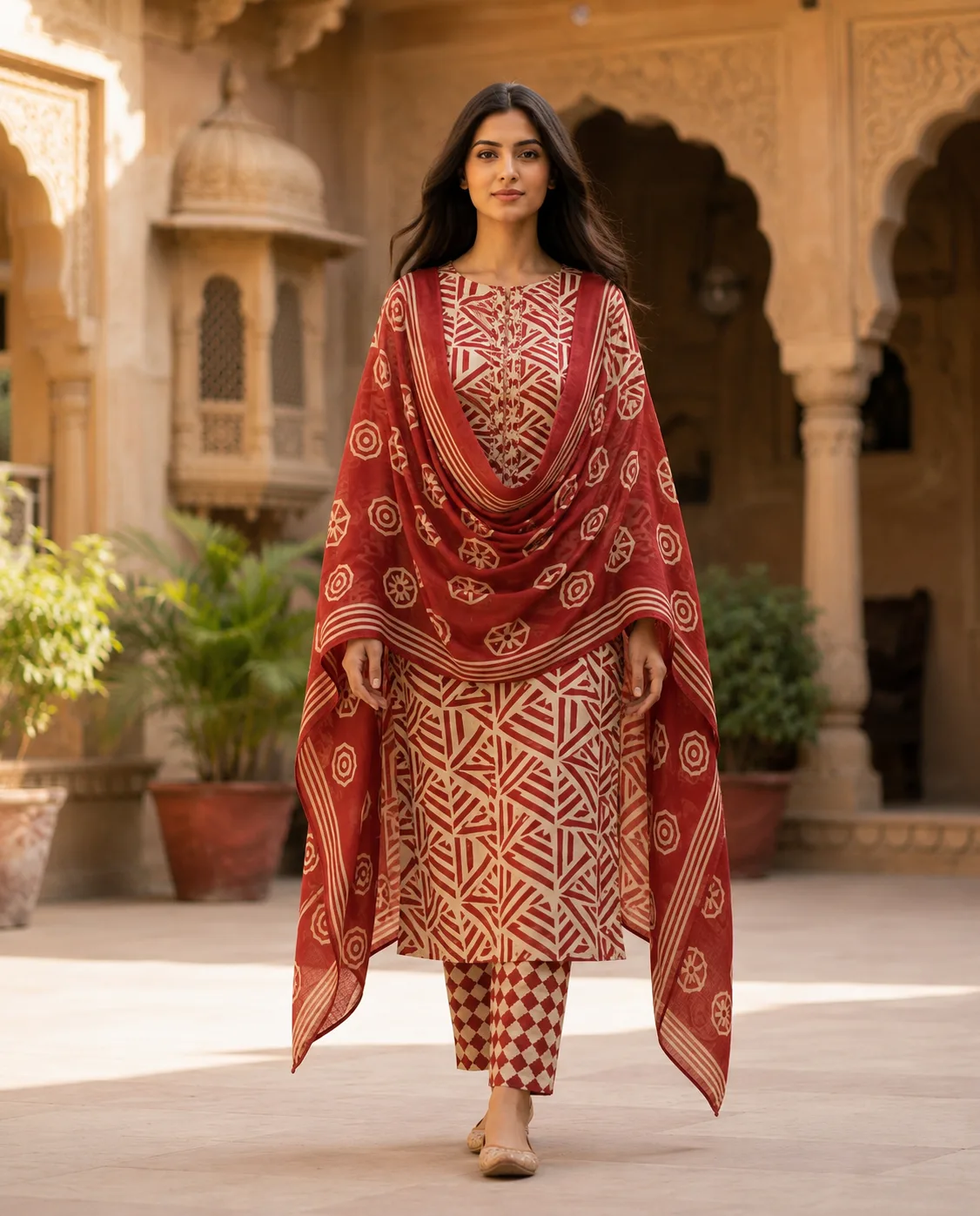 Printed Cotton Suit With Embroidery
