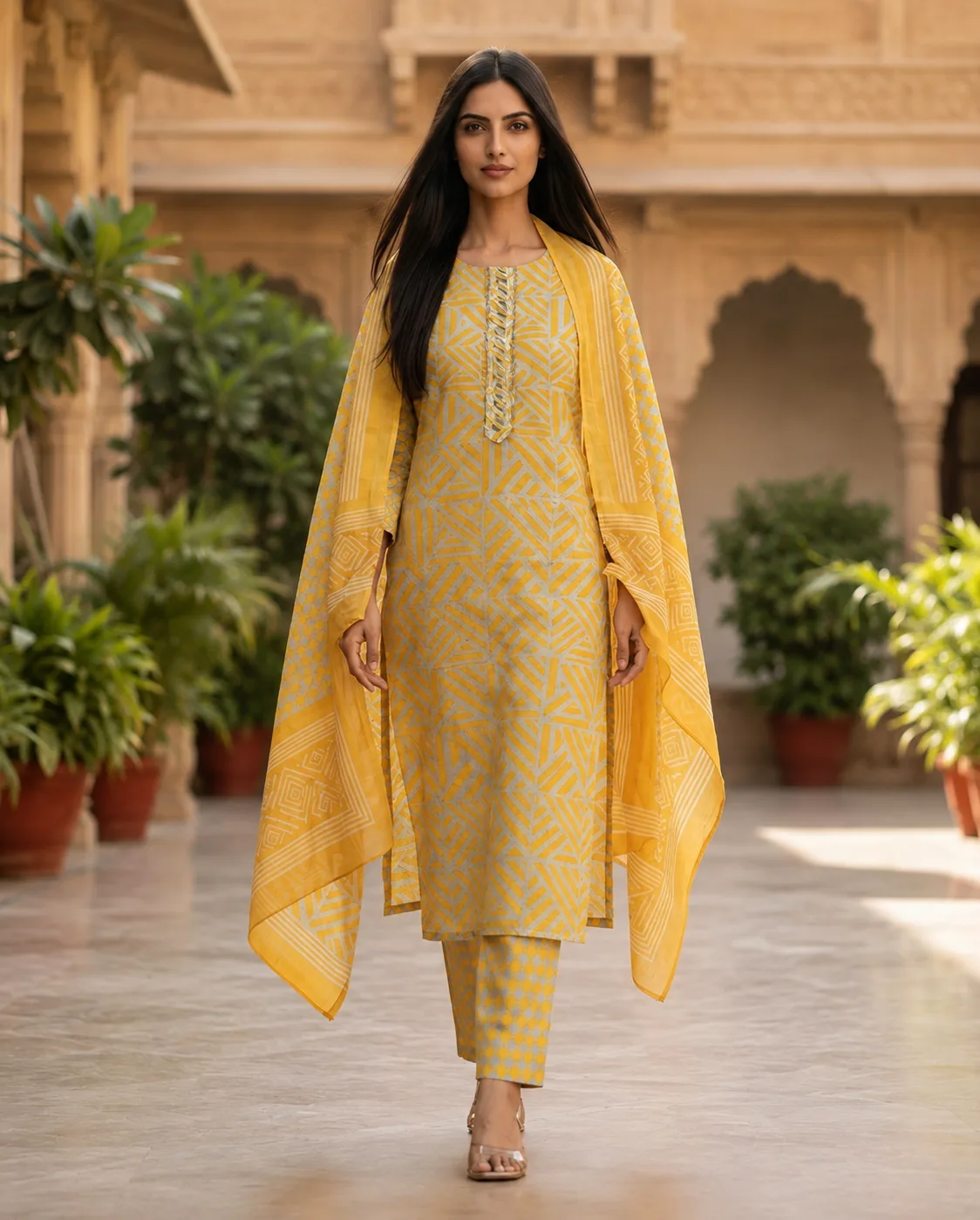 Printed Cotton Suit With Embroidery
