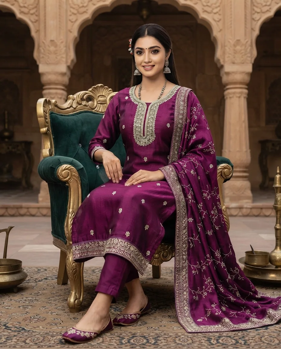 Allover Embroidery Wine Suit