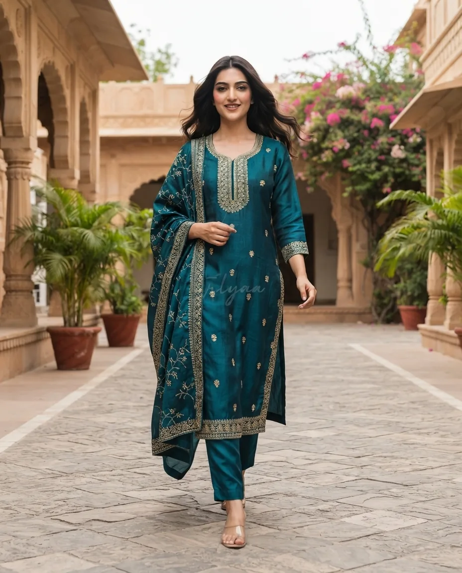 Allover Embroidery Teal Suit