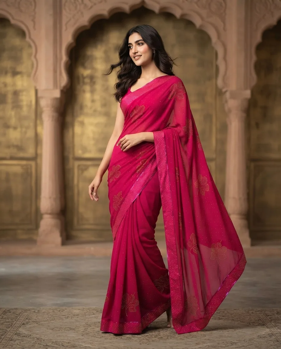 Allover Stud Work Chiffon Saree