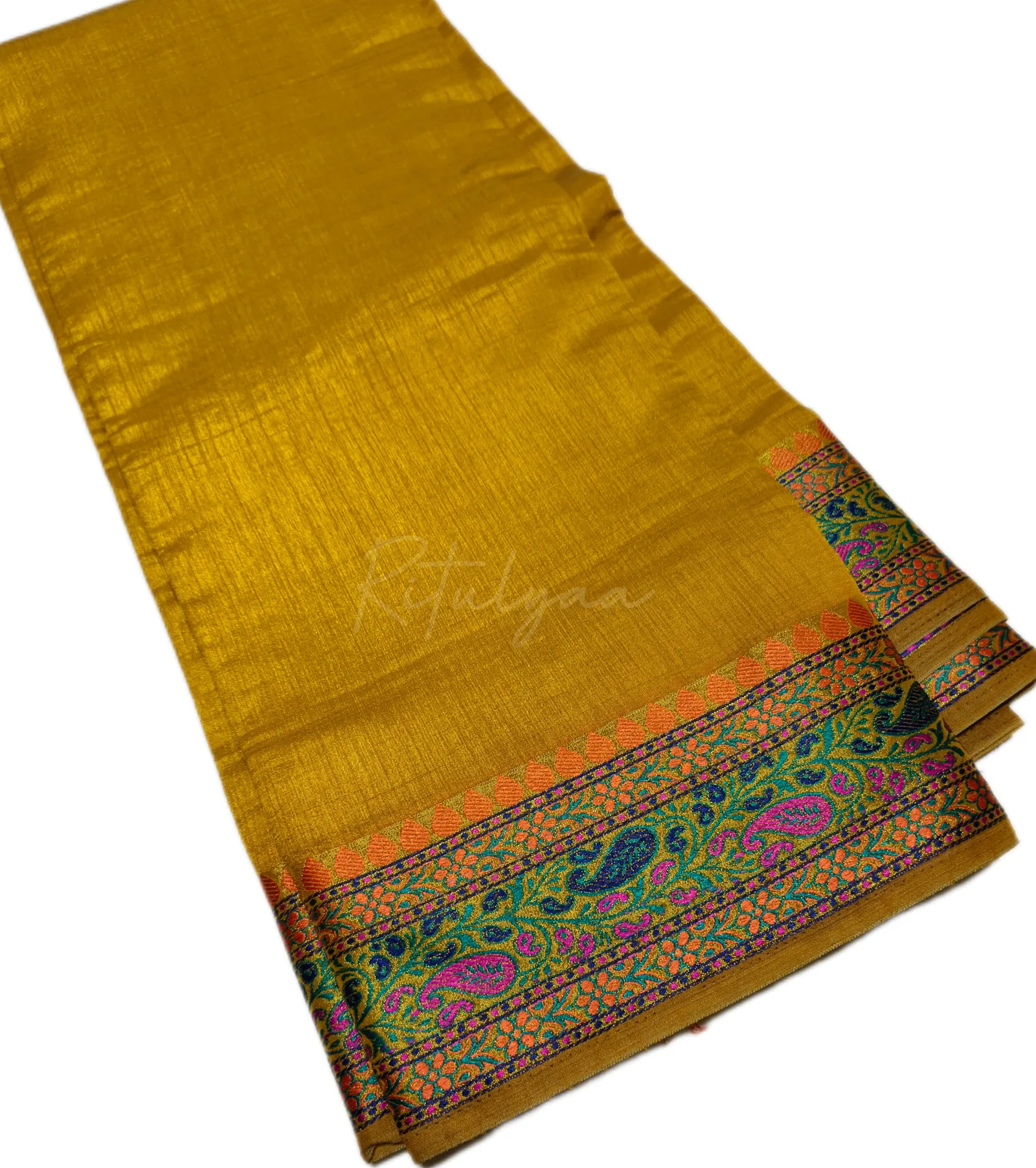 Mustard Resham & Zari border saree view 2