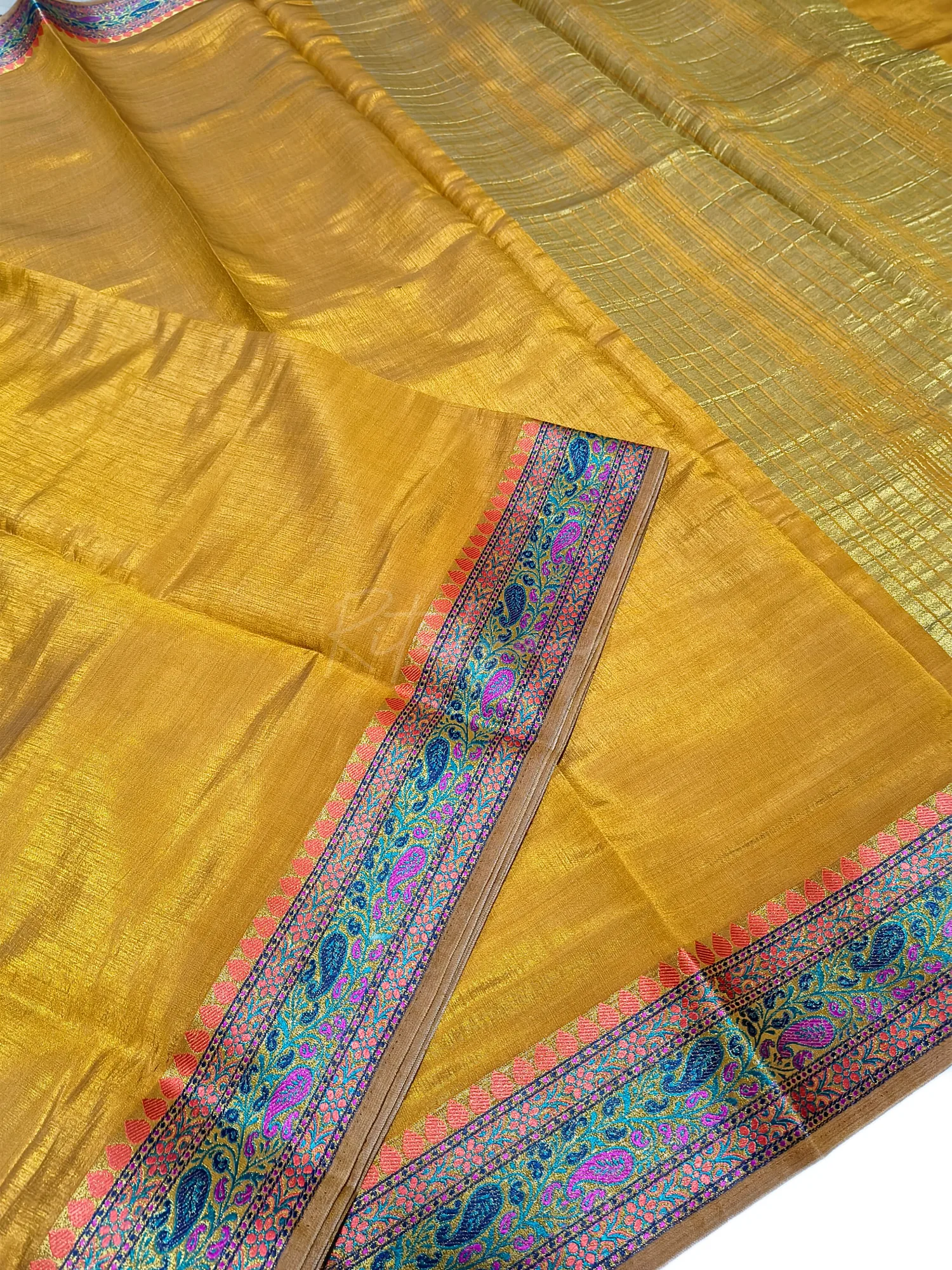 Mustard Resham & Zari border saree view 4