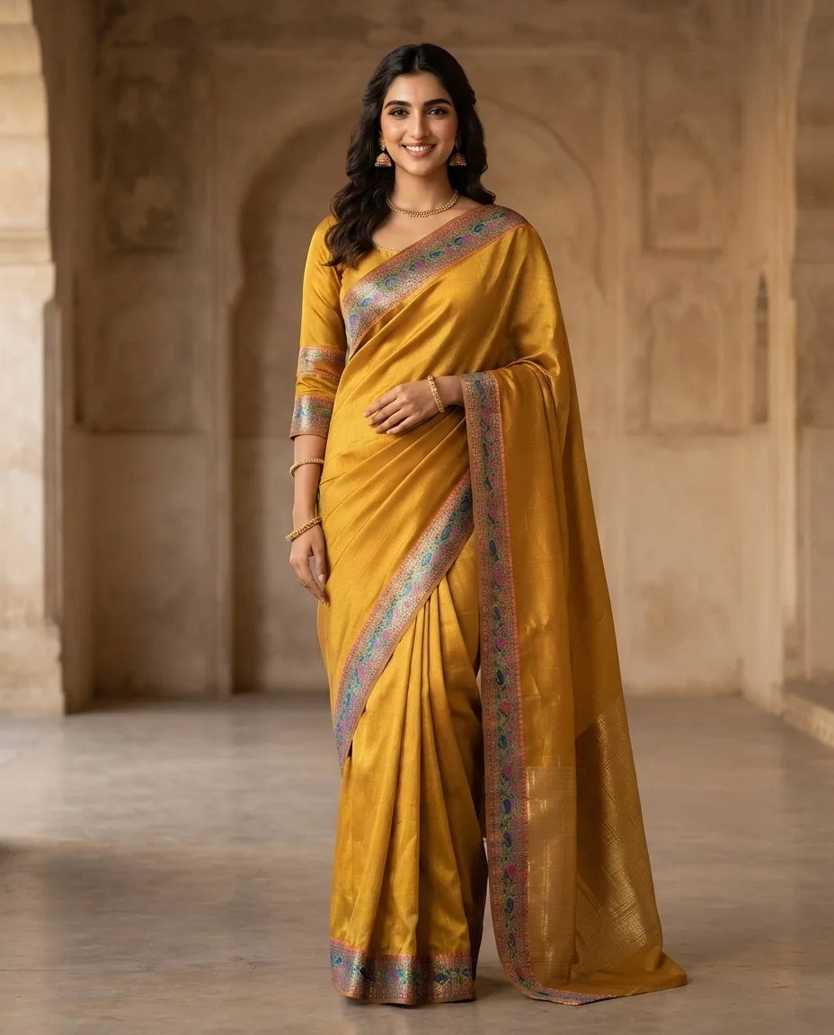 Mustard Resham & Zari border saree