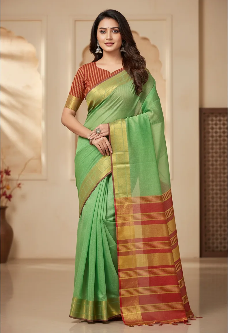 Cotton Saree With Contrast Zari Border