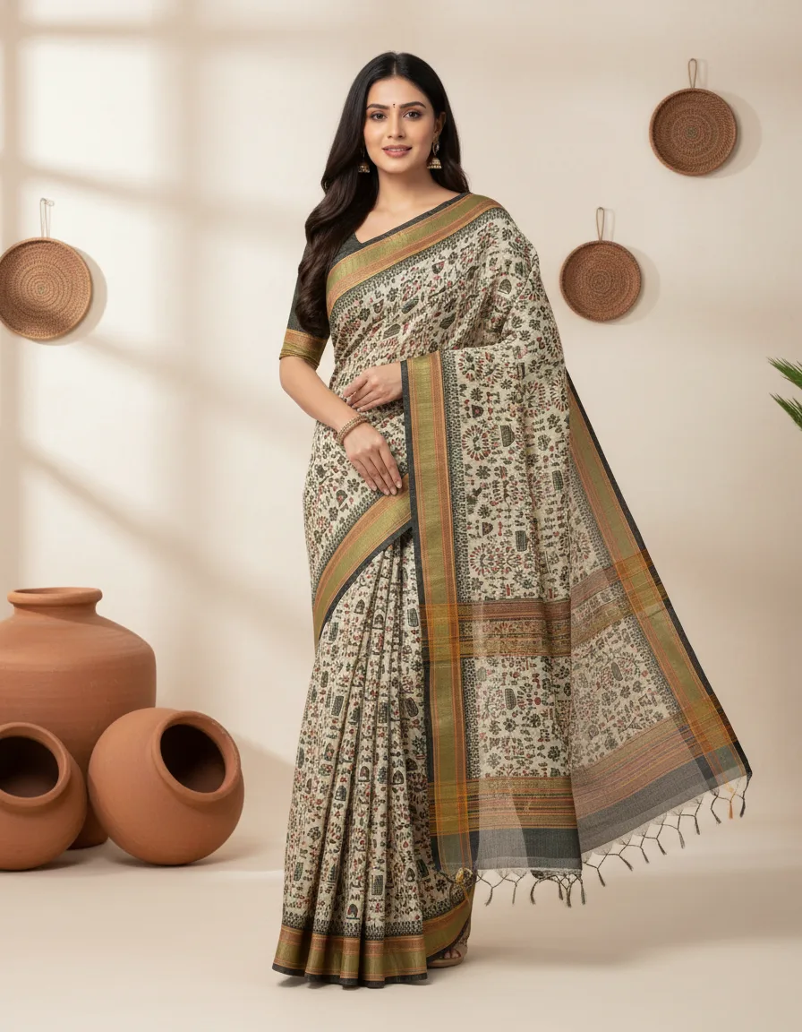 Worli Print Sarees With Contrast Black Border