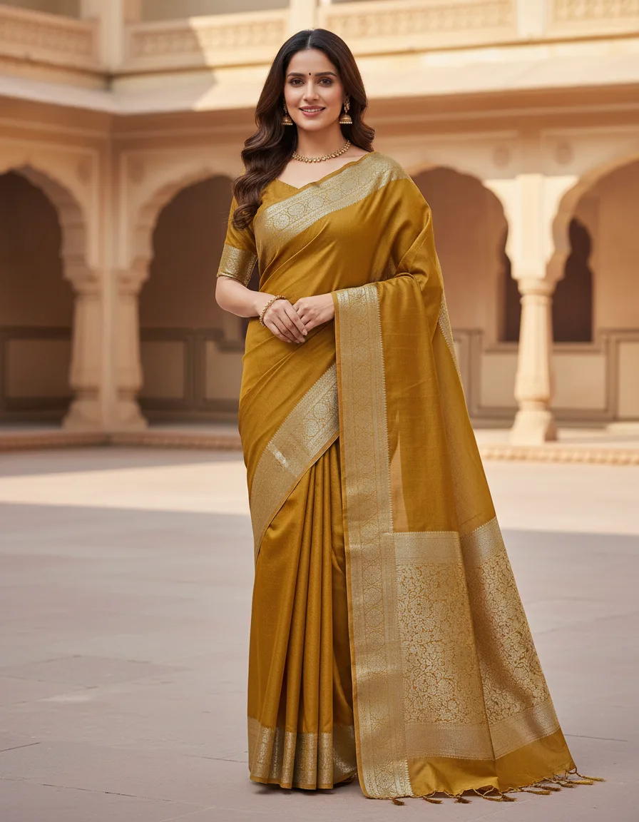 Plain Chinnon Crepe Saree with Golden Border