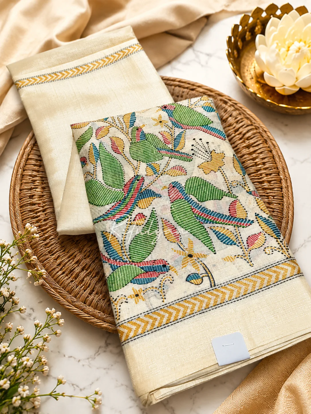 Kantha Print Saree With Contrast Mustard Blouse