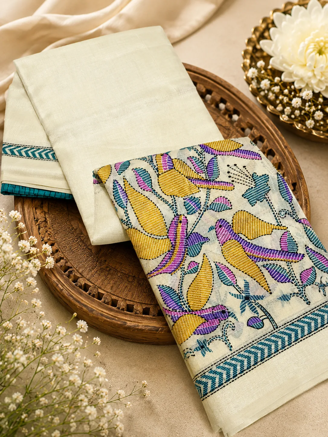 Kantha Print Saree With Contrast Dark Turq Blouse