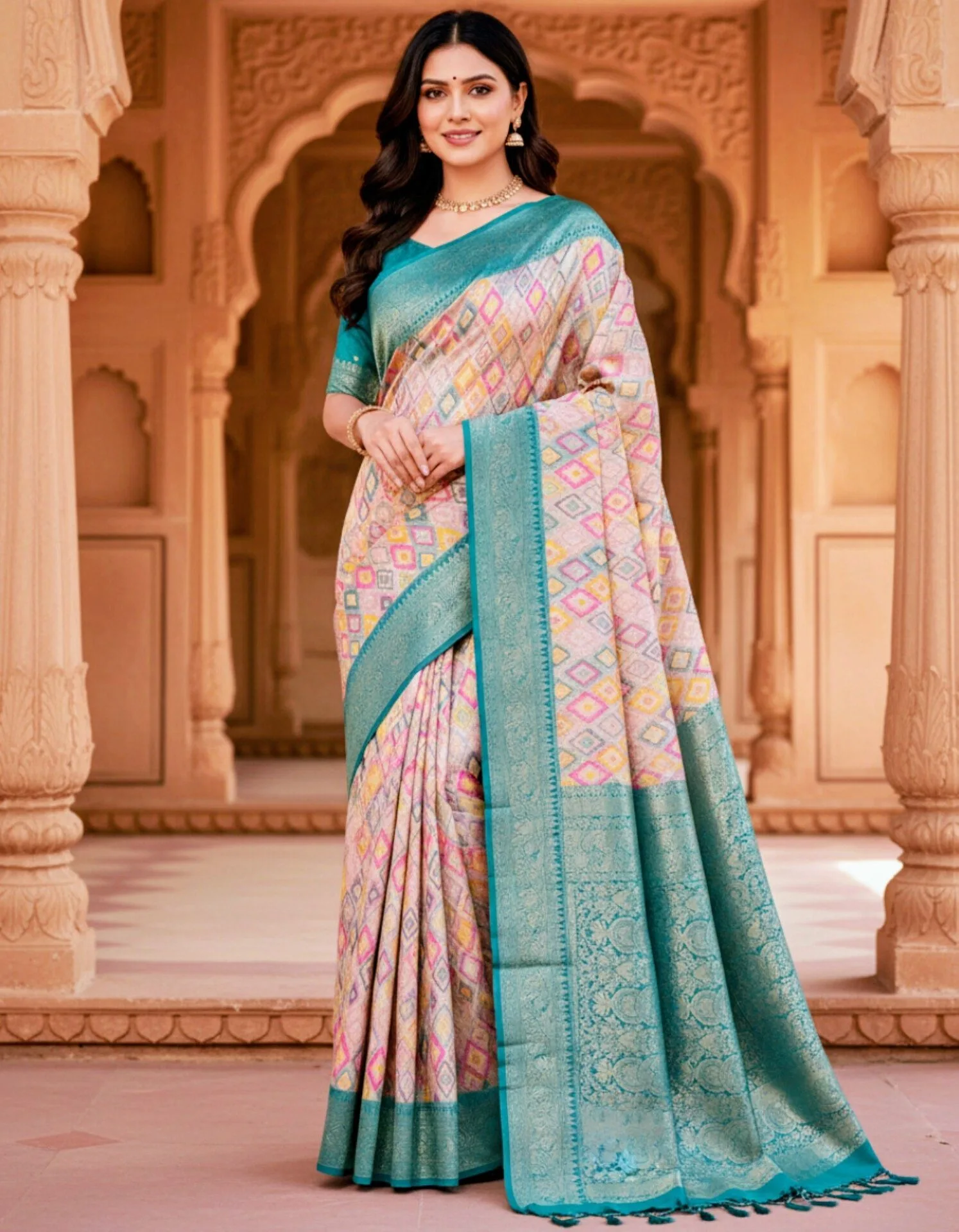 Contrast Border Patola Print Zari Weaving Saree