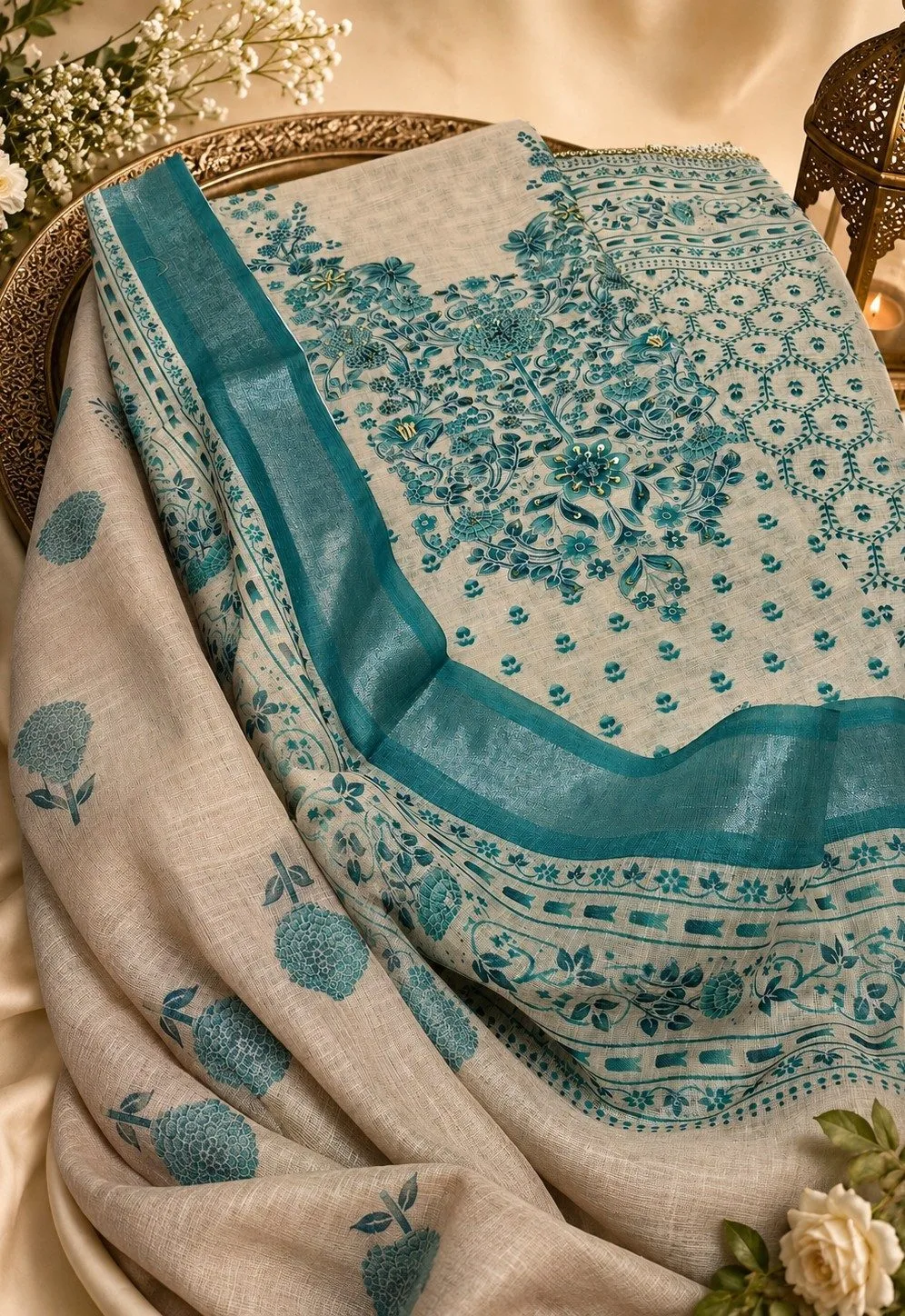 Printed Cotton Linen Suit With Embroidery