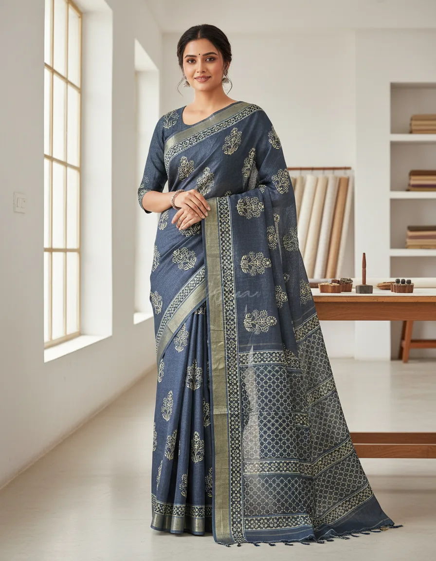 Printed Cotton Indigo Saree