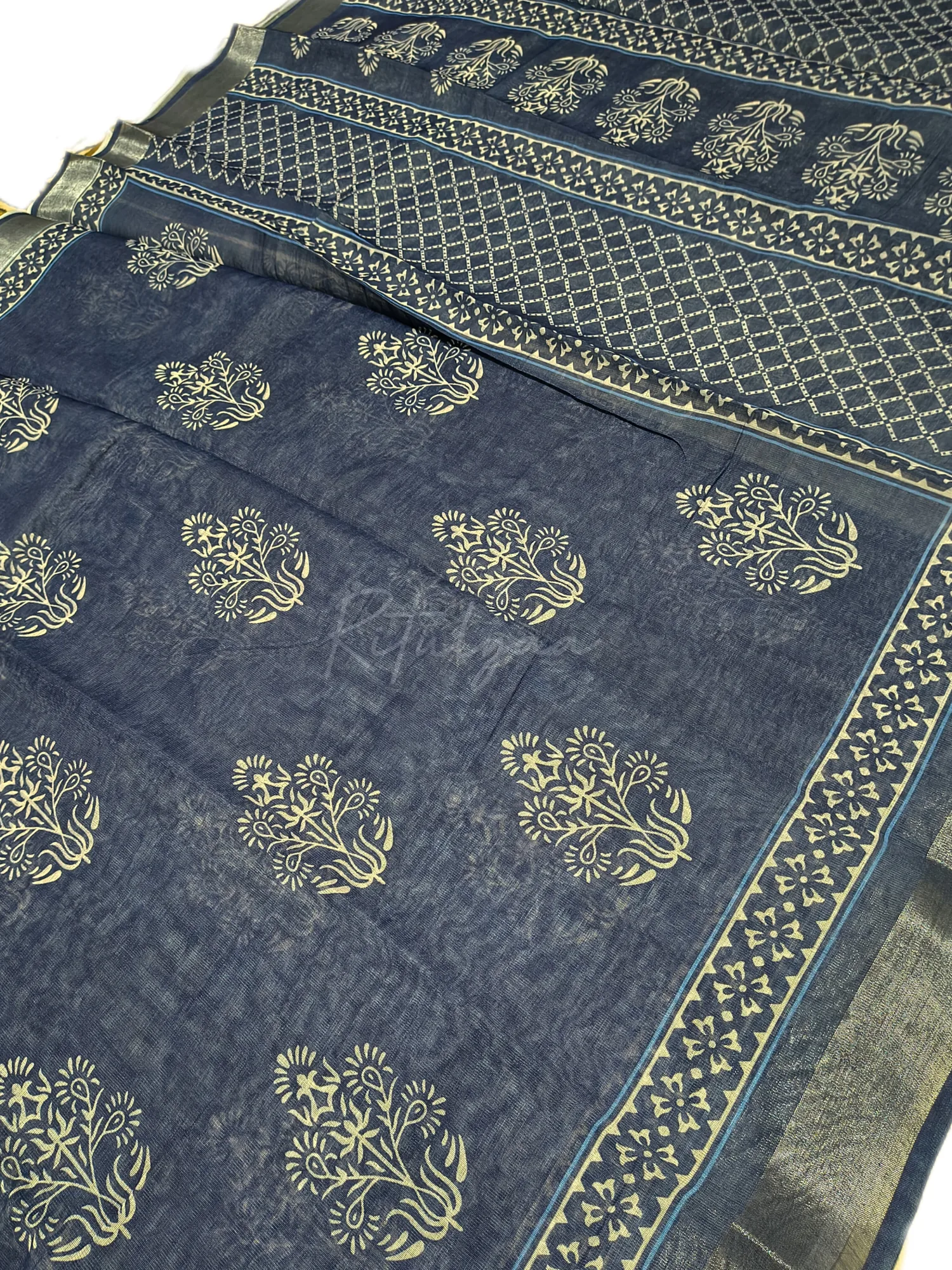Printed Cotton Indigo Saree view 3