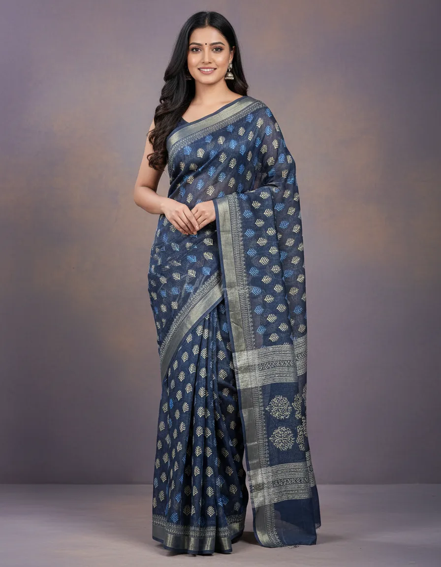 Printed Soft Cotton Indigo Saree