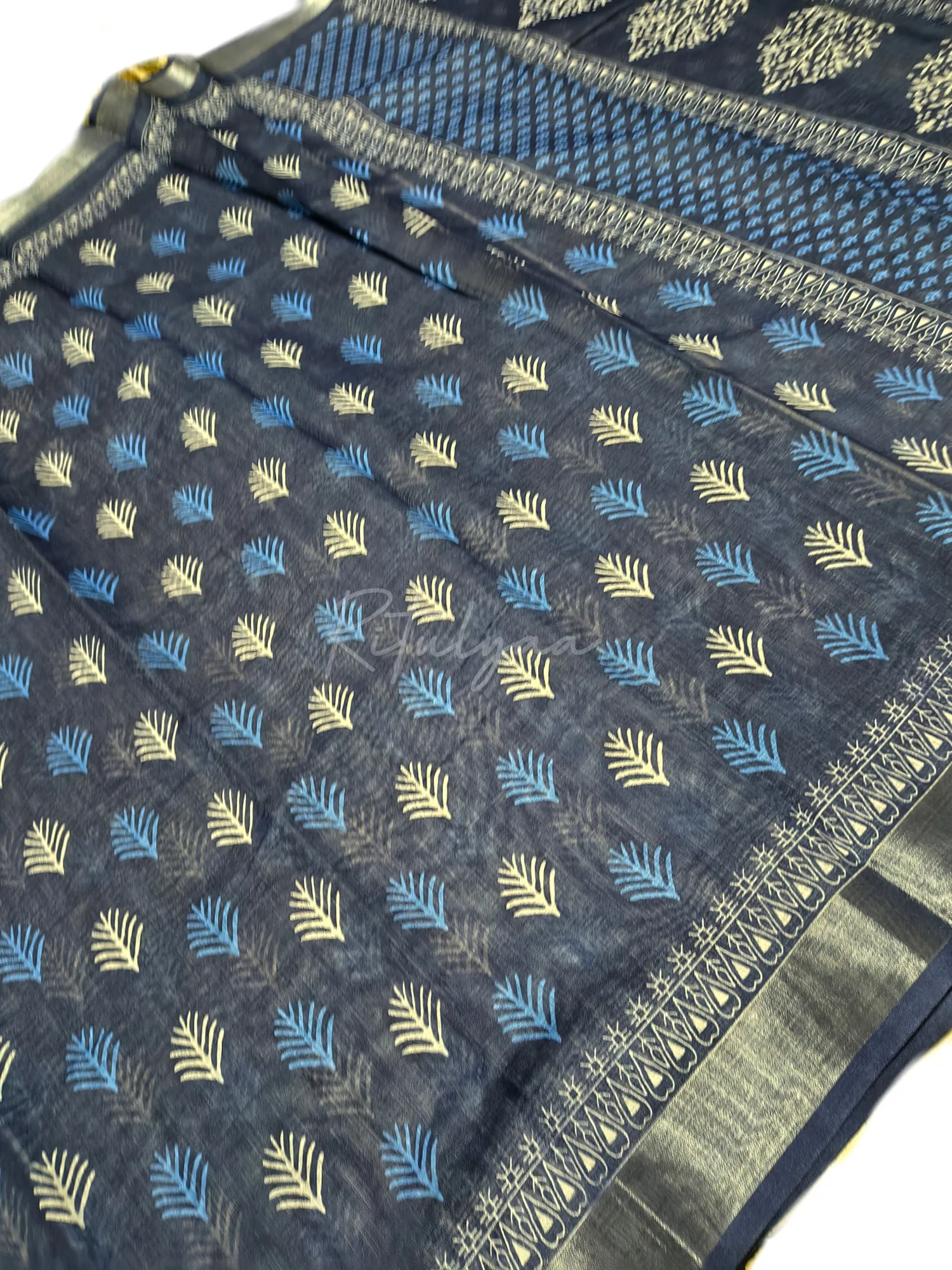 Printed Soft Cotton Indigo Saree view 2