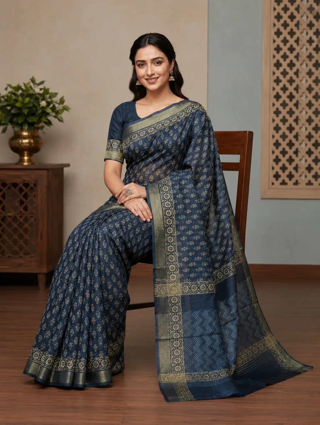 Printed Soft Cotton Indigo Saree With Zari Border
