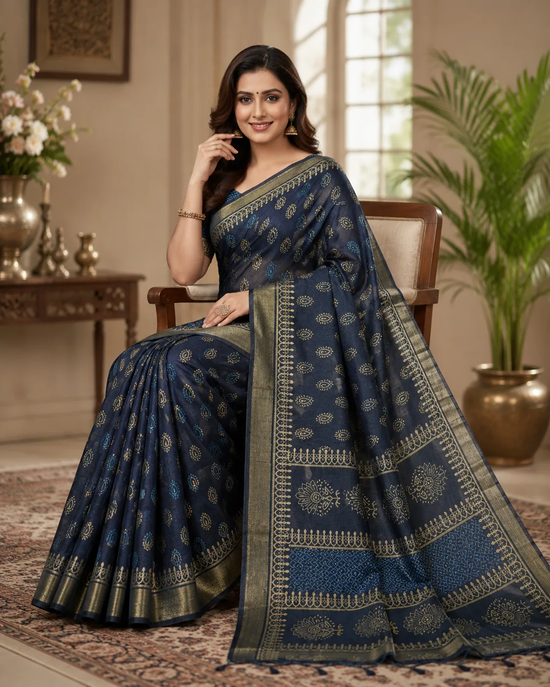 Cotton Indigo Saree With Zari Border