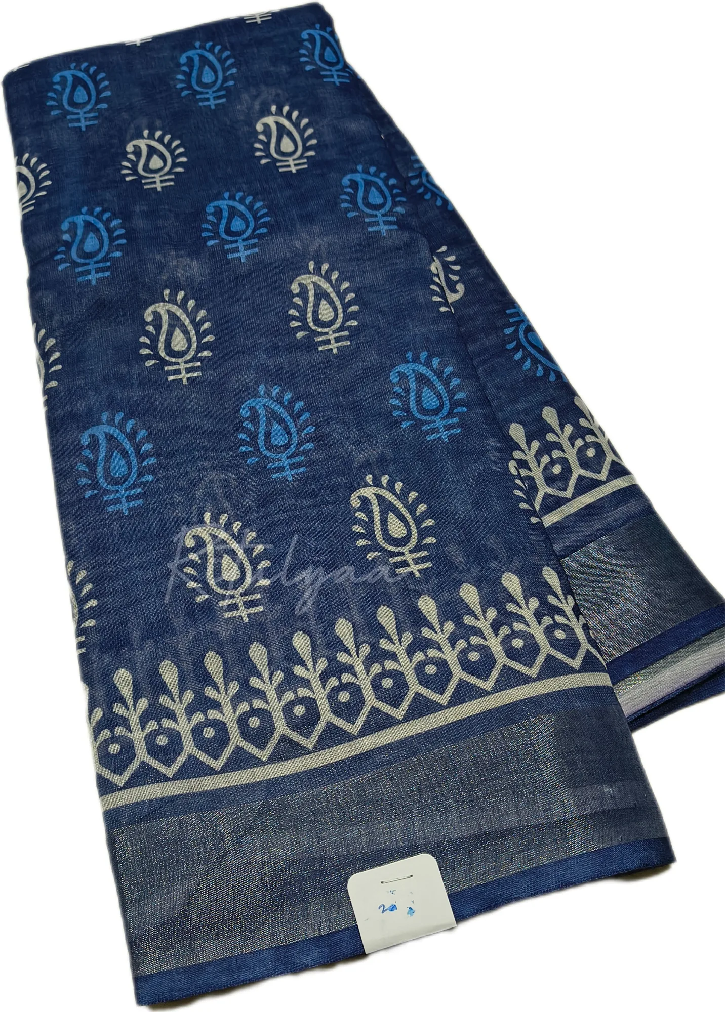 Cotton Indigo Saree With Zari Border view 2