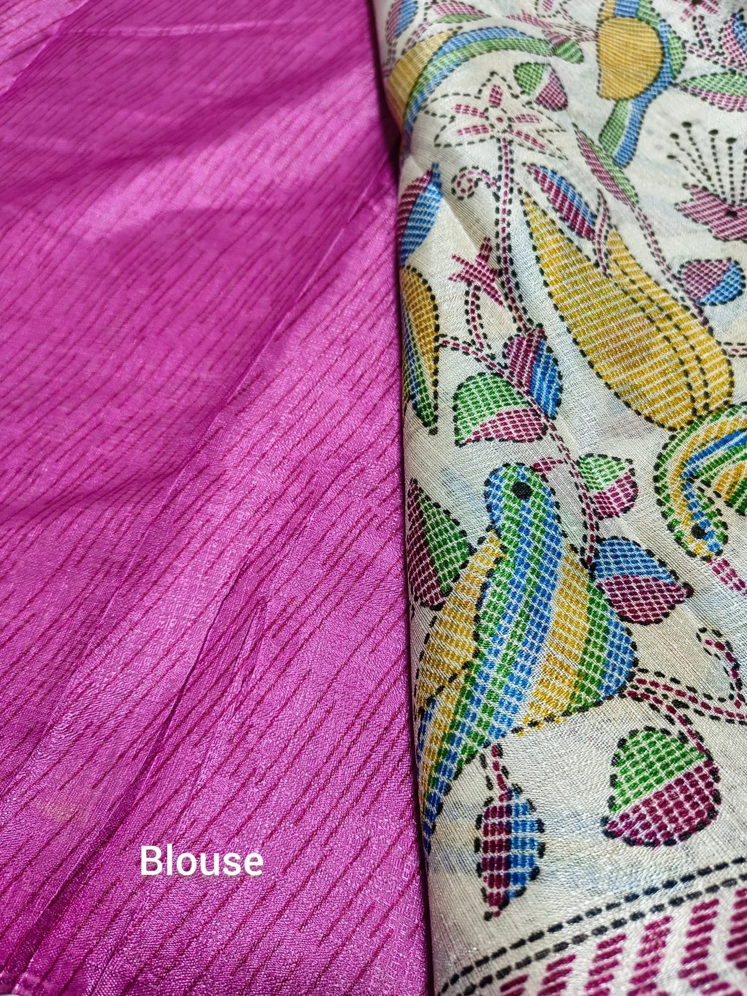 Kantha Print Saree With Contrast Dark Pink Blouse view 3