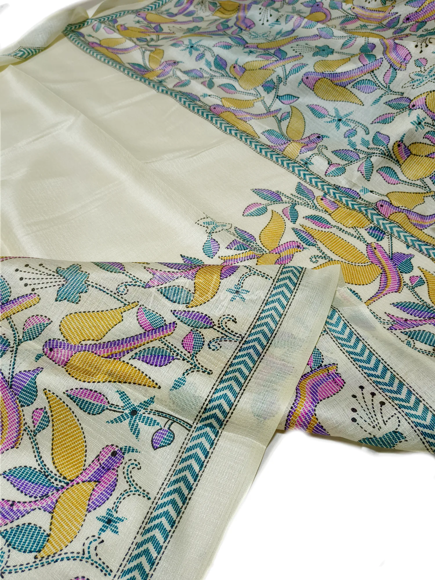 Kantha Print Saree With Contrast Dark Turq Blouse view 2
