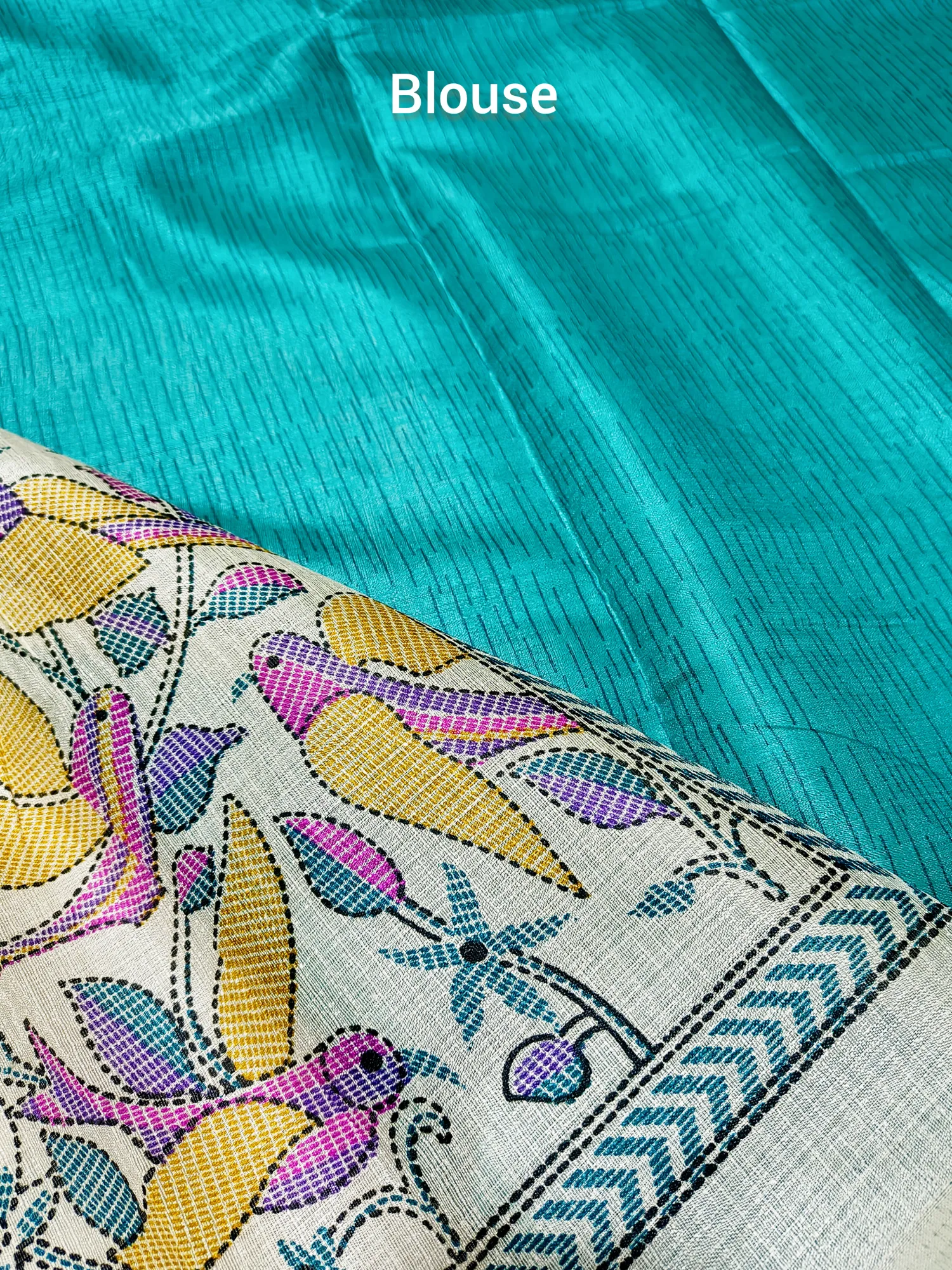 Kantha Print Saree With Contrast Dark Turq Blouse view 3