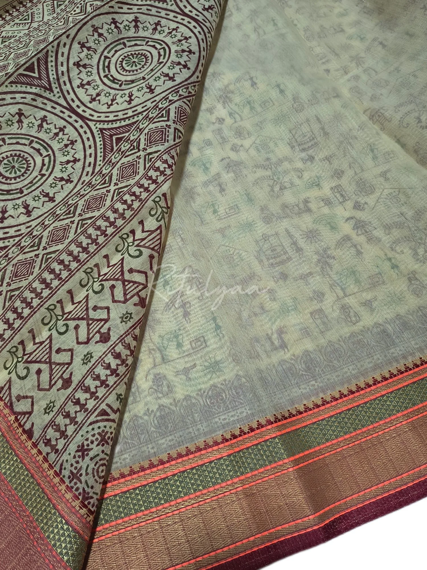 Worli Print Sarees With Contrast Maroon Border view 3