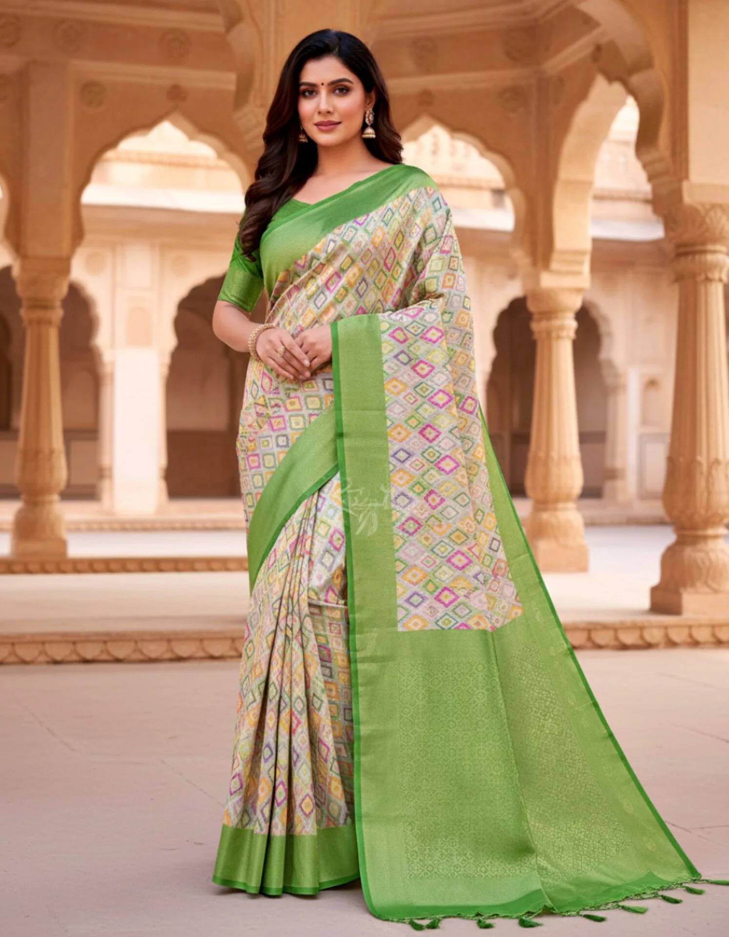 Patola Print Zari Weaving Saree With Contrast Green Border