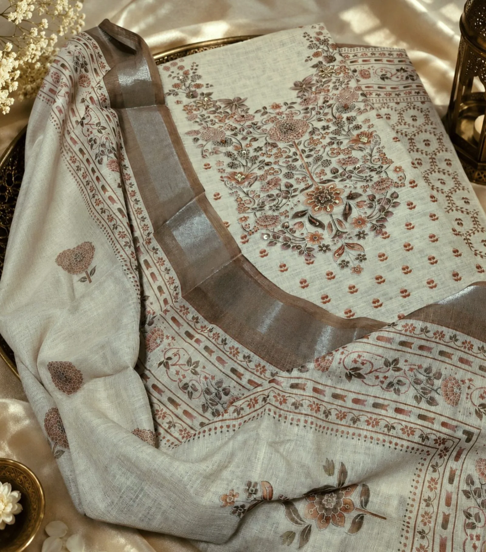 Cotton Linen Suit With Contrast Brown Print & Embroidery