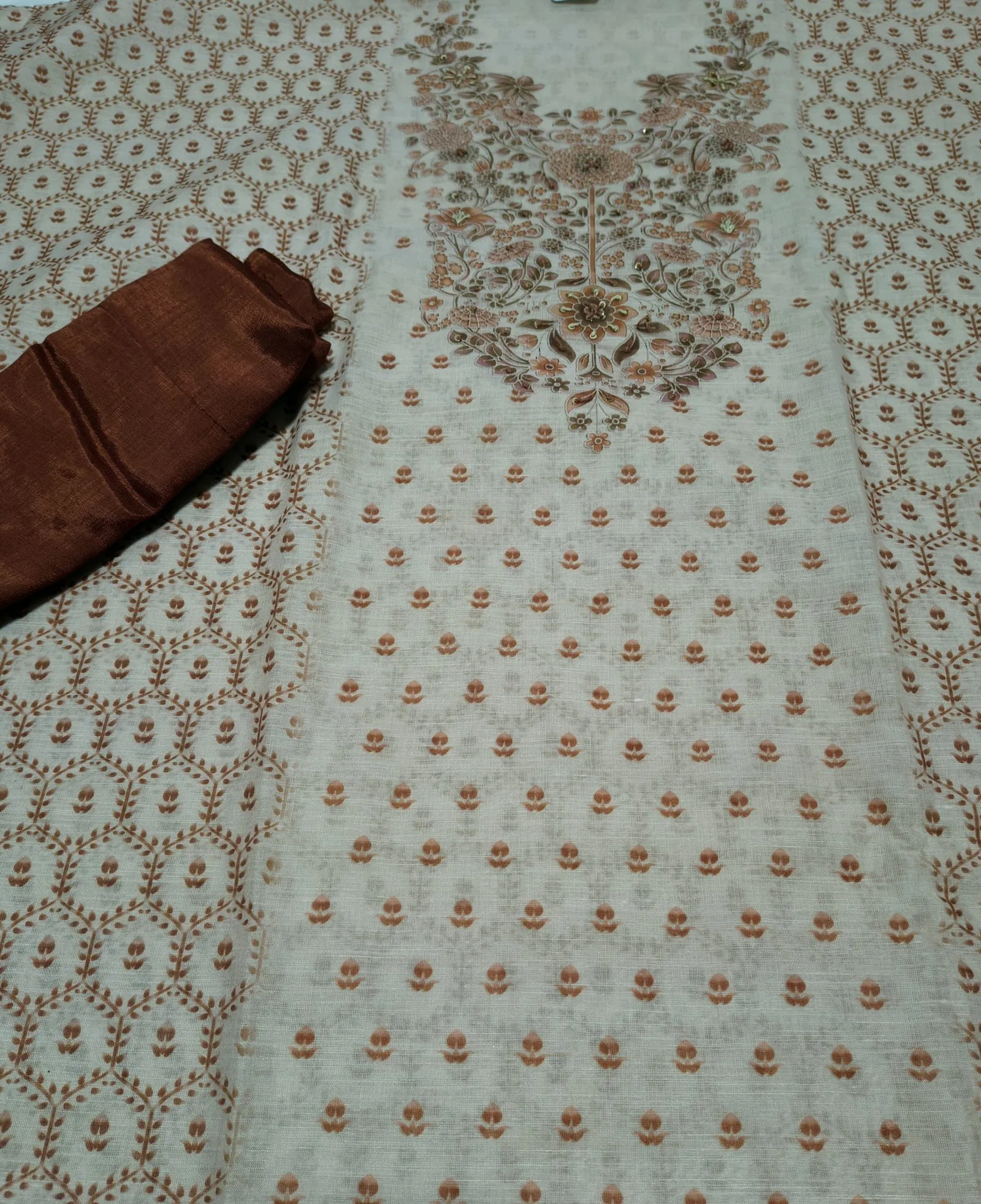 Cotton Linen Suit With Contrast Brown Print & Embroidery view 2