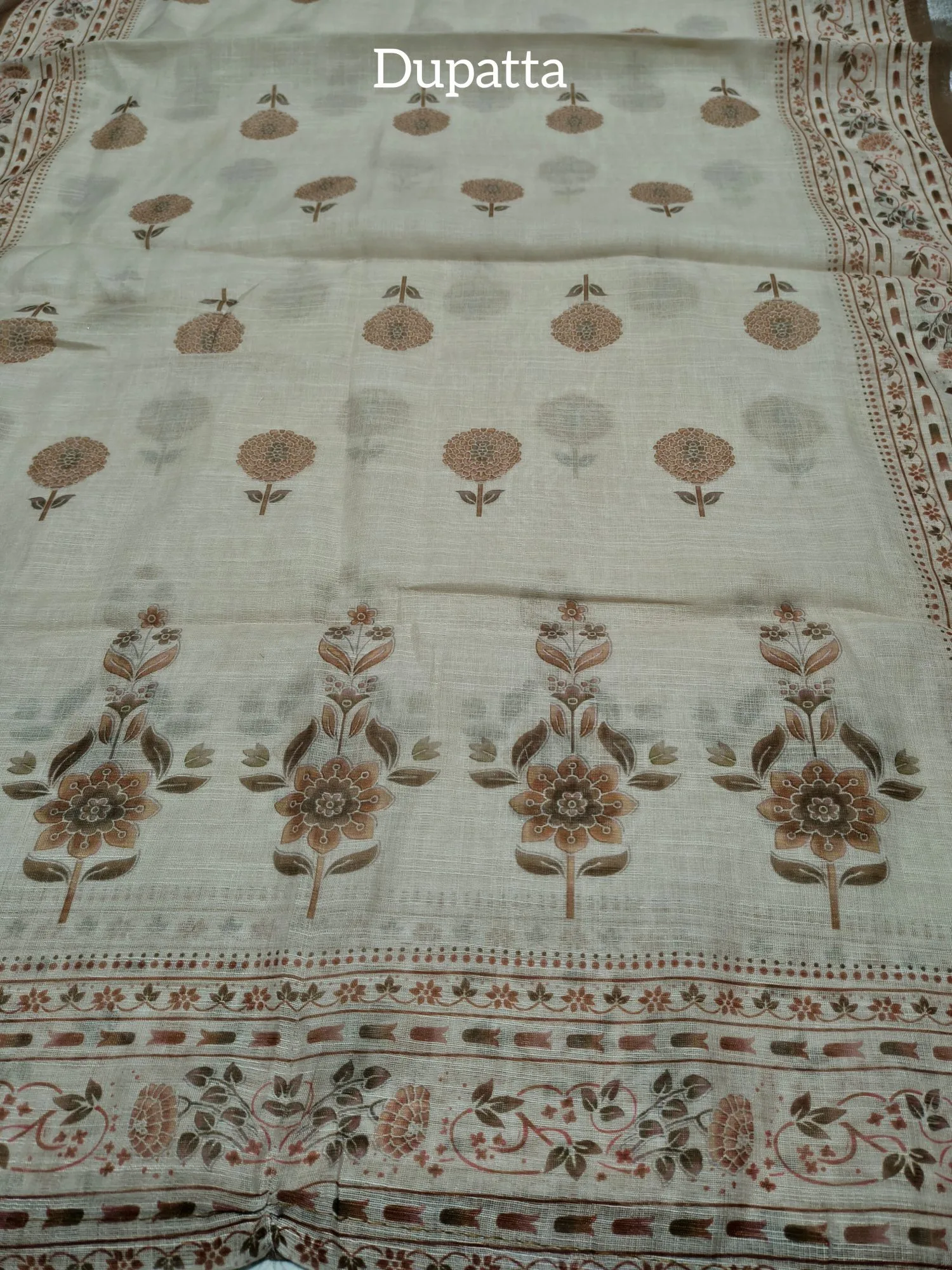 Cotton Linen Suit With Contrast Brown Print & Embroidery view 4