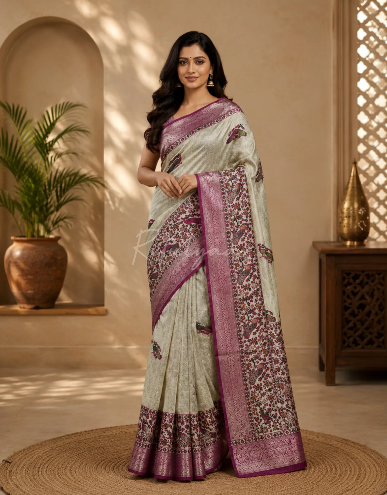 Printed Viscose Crepe Saree With Contrast Majenta Border