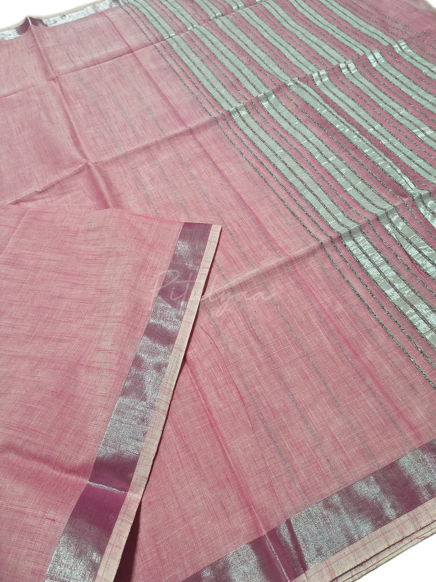 Cotton Linen Saree With Silver Border view 4