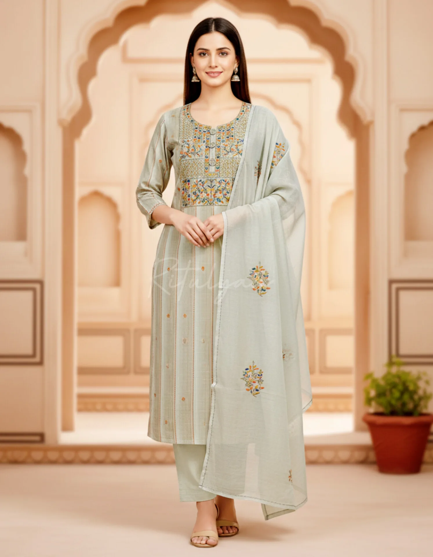 Pure cotton Stripe Suit With Embroidery